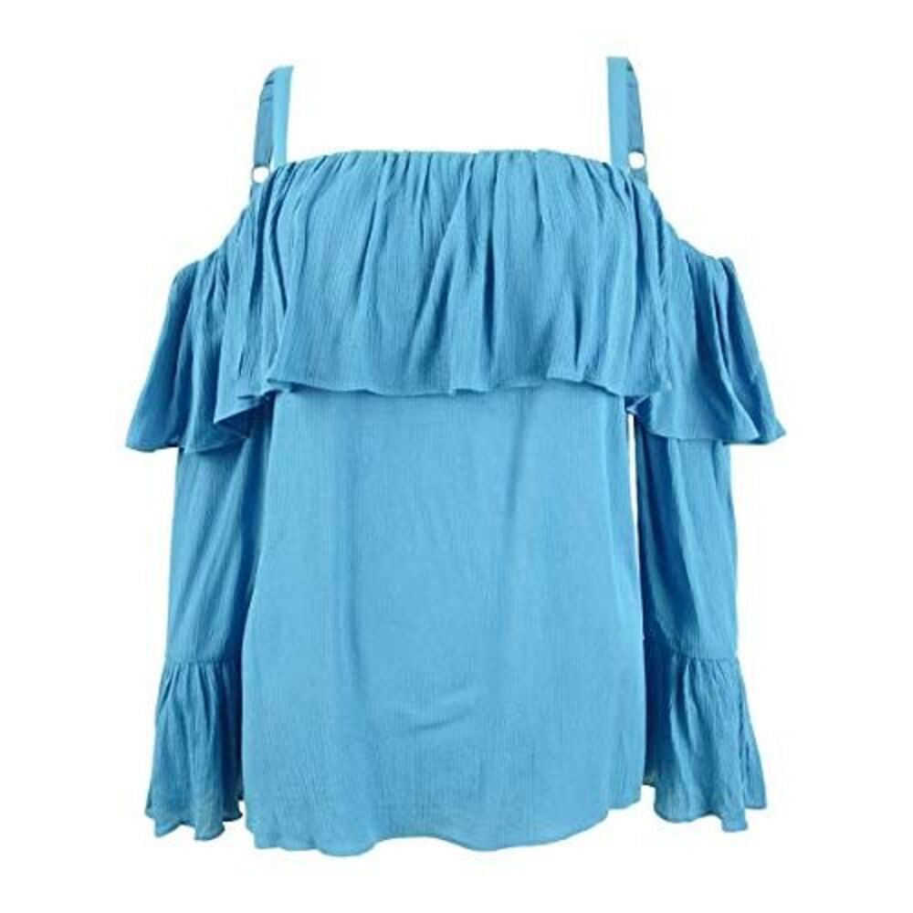 INC Womens Ruffled Cold Shoulder Blouse Blue L